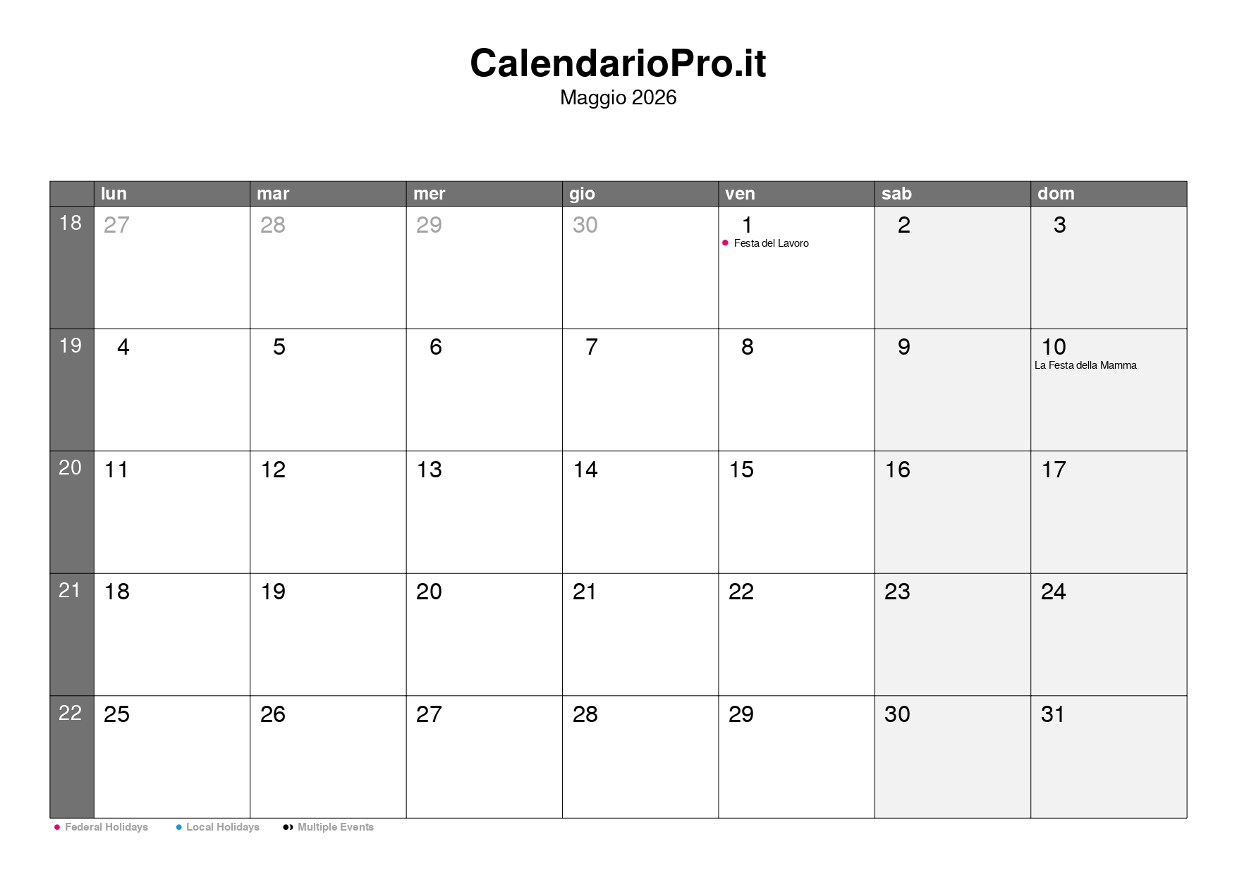Calendario mayo 2026 – Vista mensual y números de semana