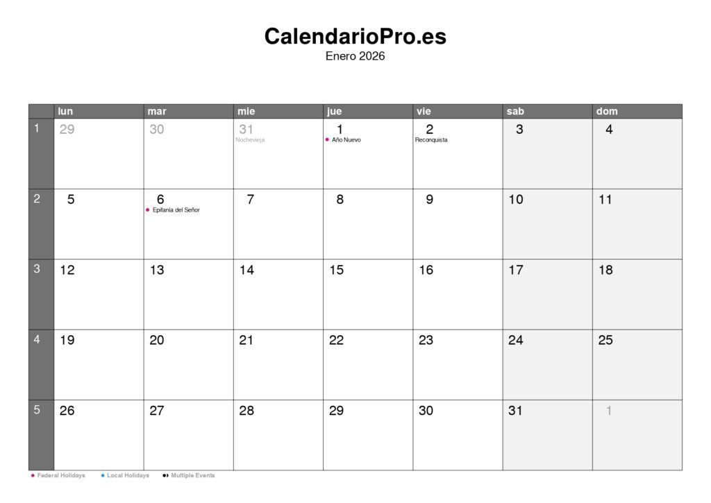 Calendario 2026 – Festivos y números de semana