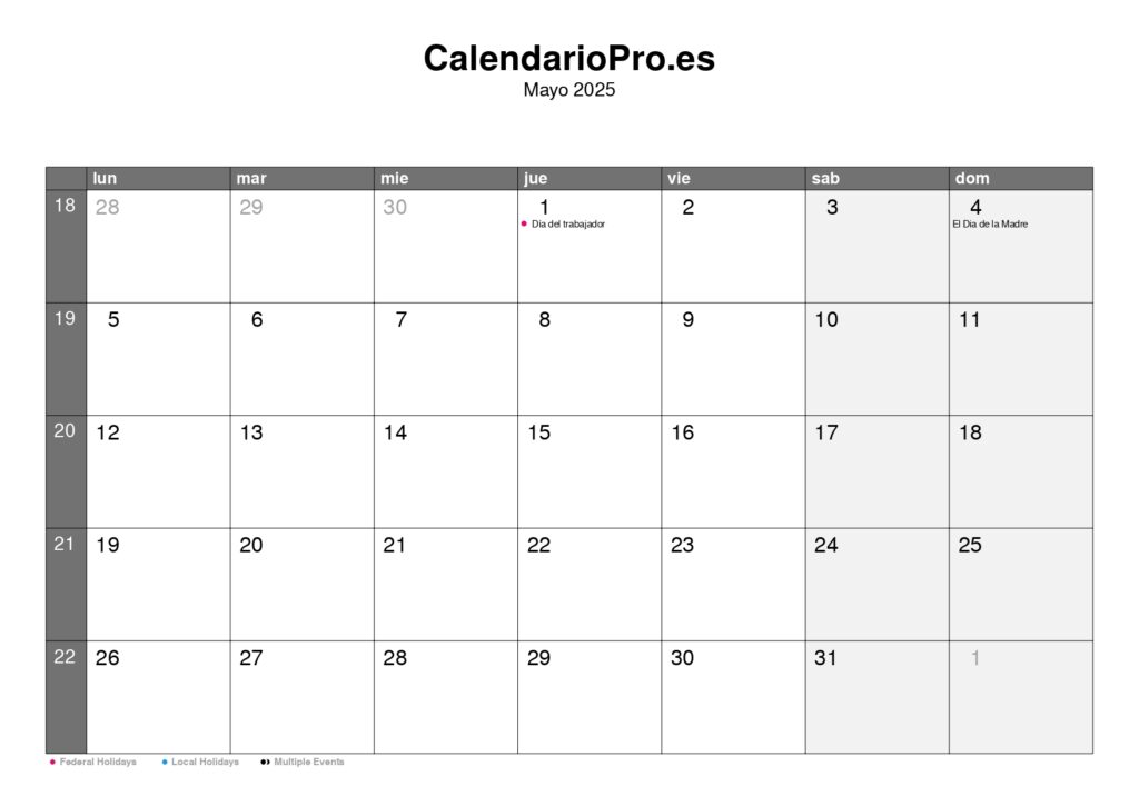 Calendario mayo 2025 – Vista mensual y números de semana