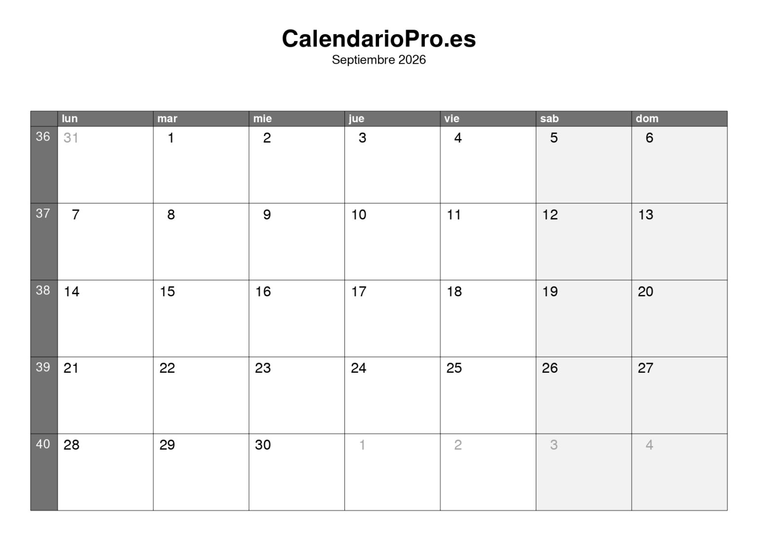 Calendario septiembre 2026 – Vista mensual y números de semana