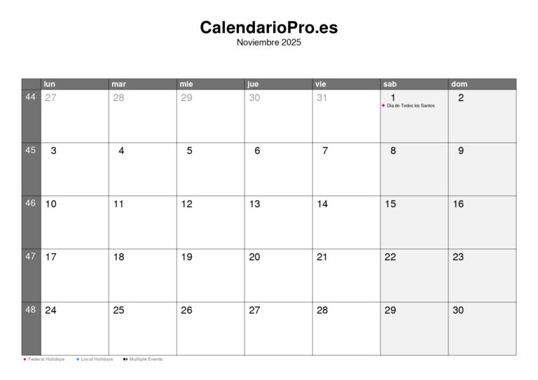Calendario noviembre 2025 – Vista mensual y números de semana