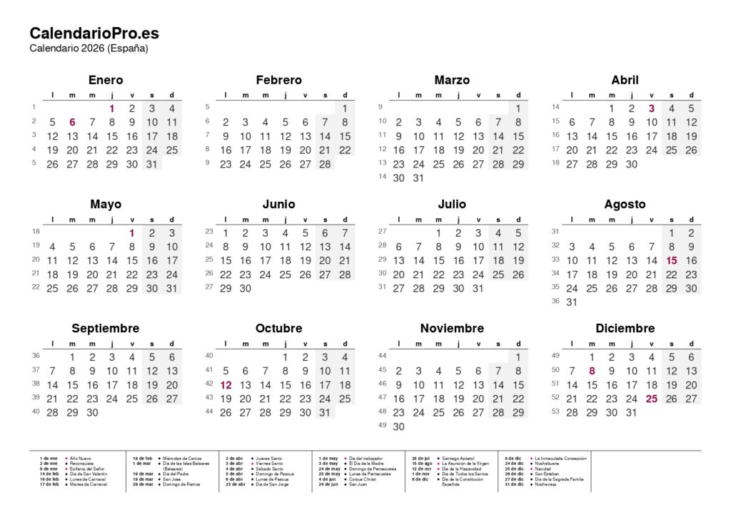 Calendario 2026 – Festivos y números de semana