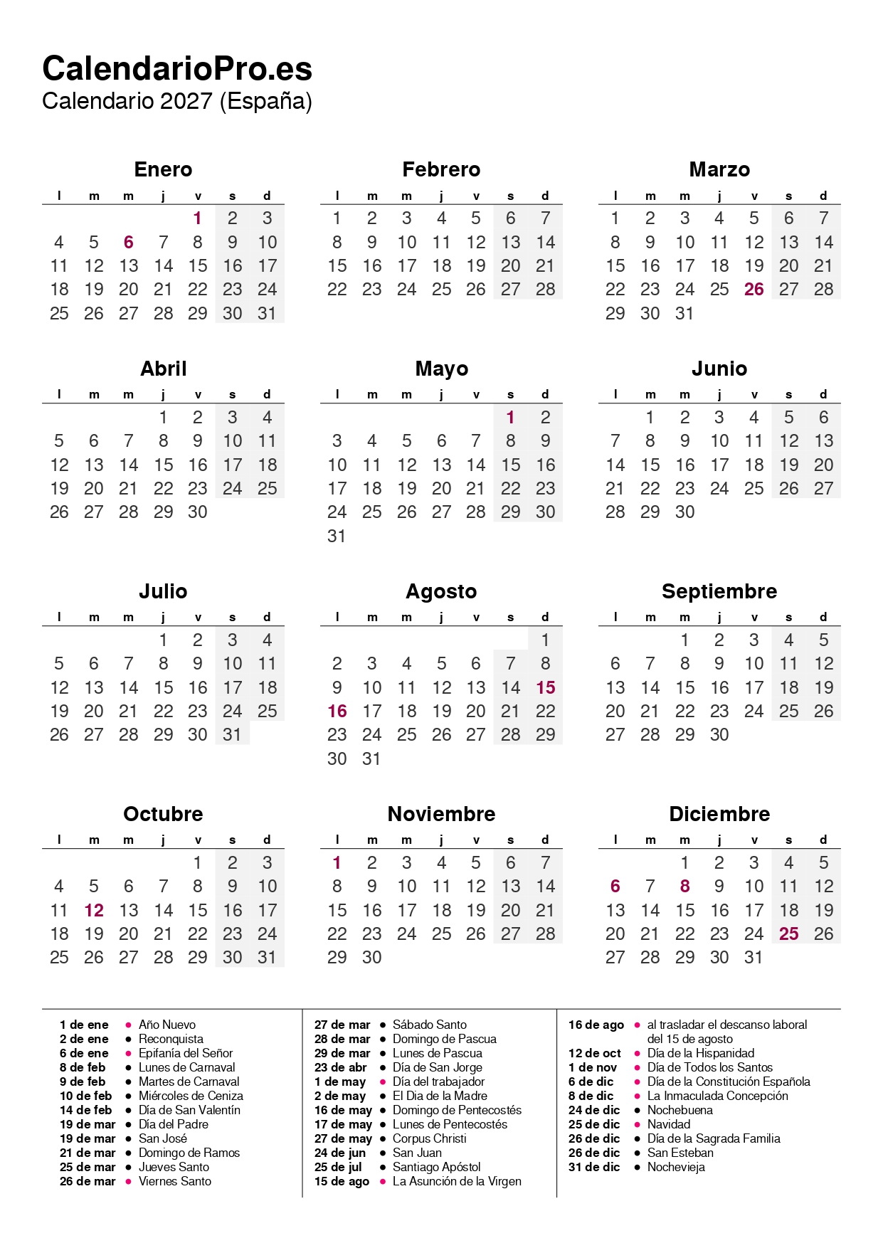 Calendario 2027 Festivos Y N meros De Semana