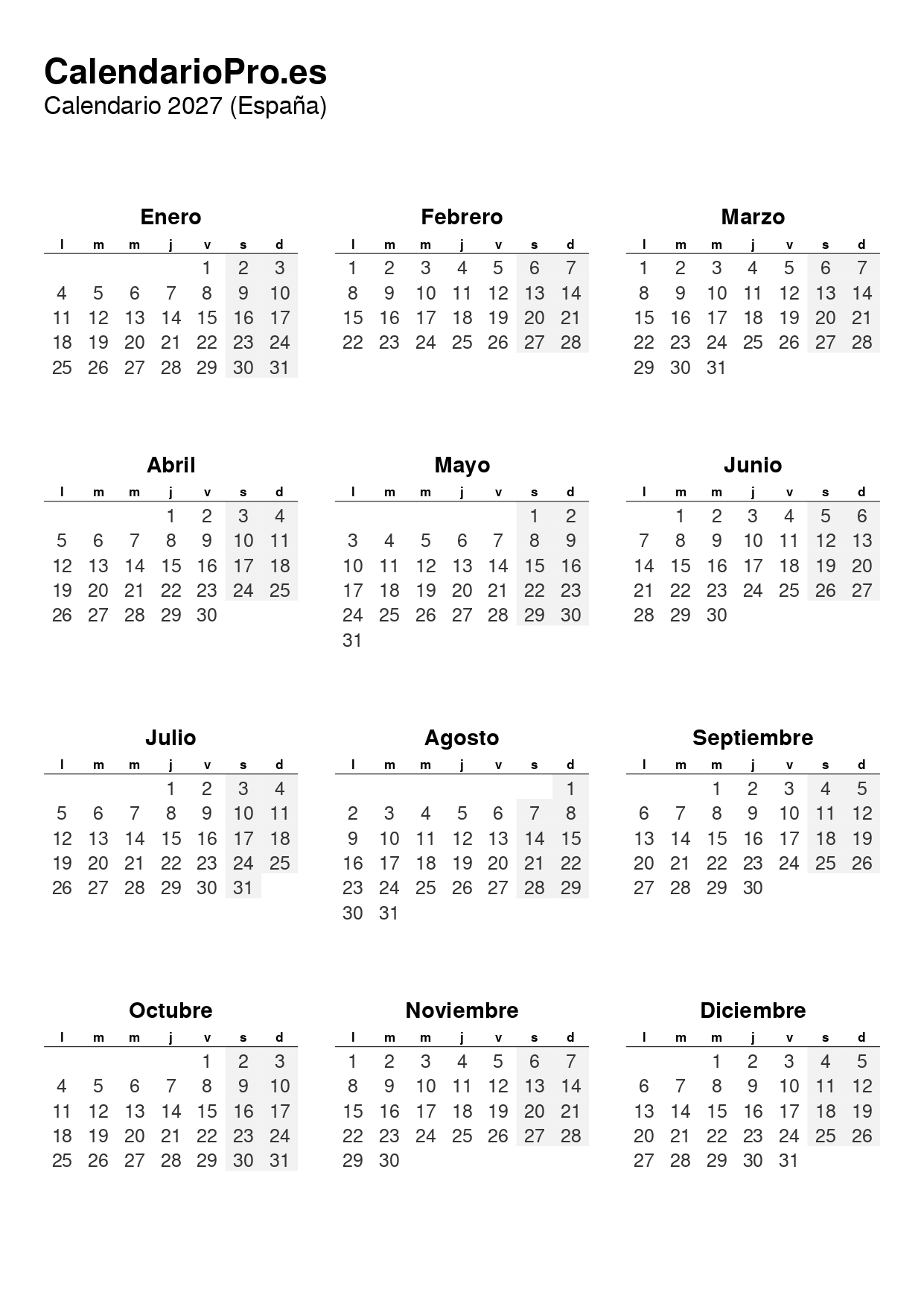 Calendario 2027 Festivos Y N meros De Semana